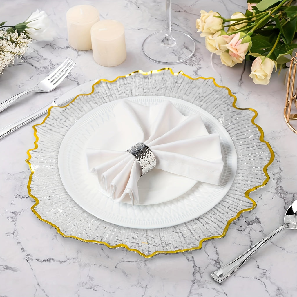 24\u002F12pcs Clear Reef Charger Plates Set Bulk 12 Golden Rim Clear Charger Plates 13 Inch And 12 Satin Cloth Napkins 17 Inch, Sturdy And Durable, Reef Charger Plate With Golden Rim Floral Reef Design For Dinner Wedding Party Easter Table Setting Decora