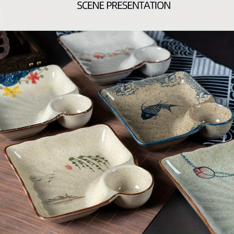 2pcs Japanese Style Ceramic Dumpling Plate Set | 7.11inch Divided Serving Plates with Compartments for Gyoza, Dipping Sauces & Appetizers - High-Temperature Porcelain Design, Elegant yet Durable for Daily Use