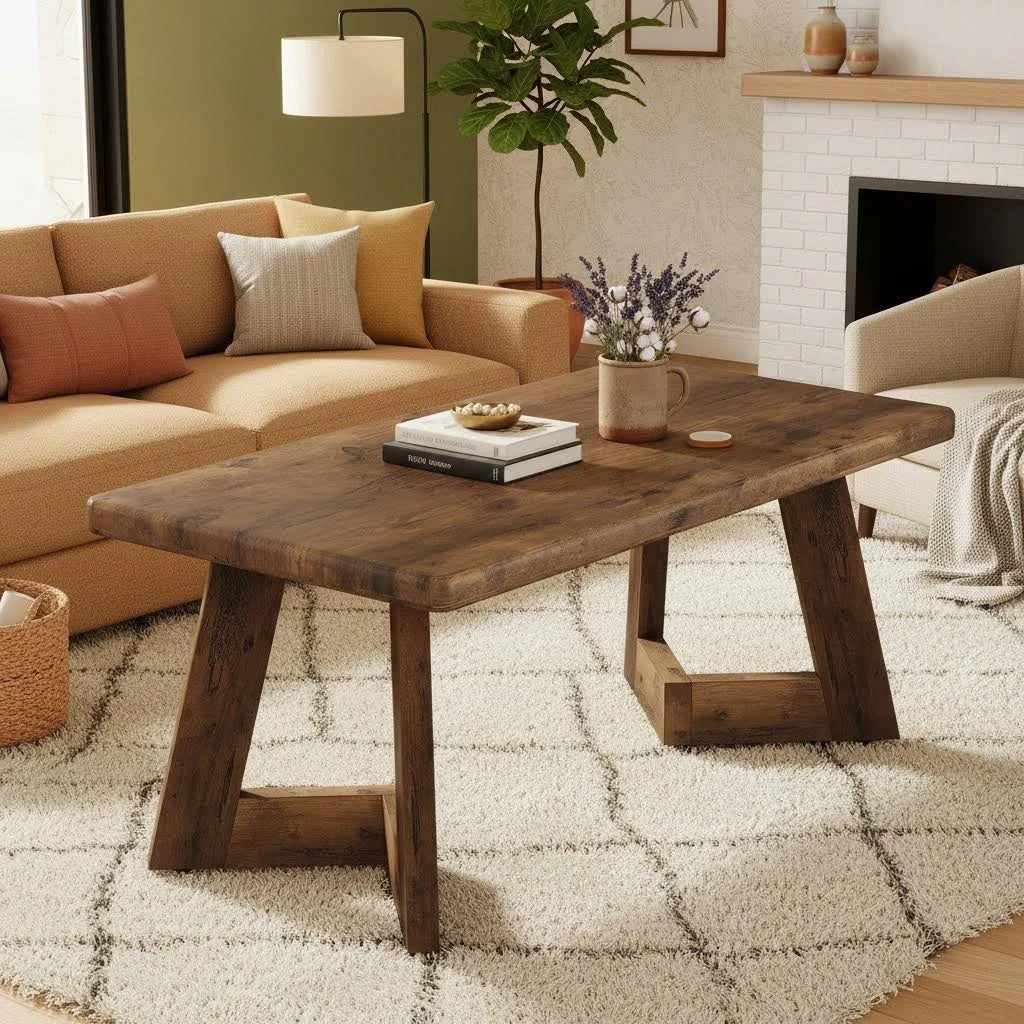 Coffee Table, Farmhouse Center Table with V-Shaped Legs, 47.2 X 23.6 Inches Rectangle Living Room Tables, Easy to Assemble, Rustic Brown
