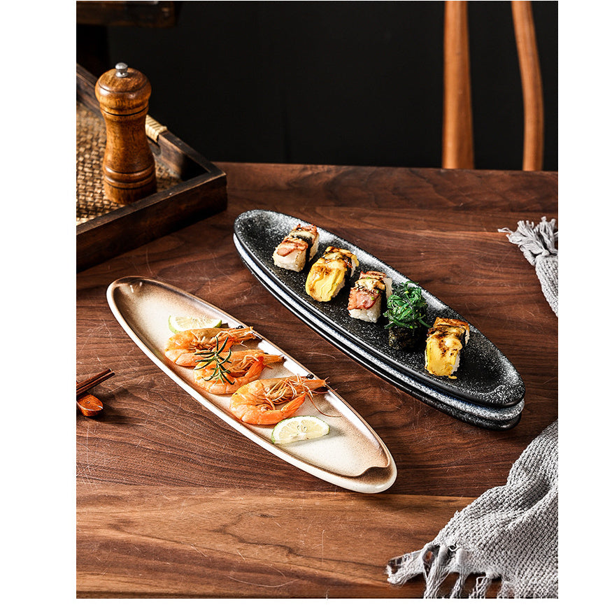 A Creatively Designed Large Oval Plate for Sushi, Sashimi, And Egg Dishes, Perfect for Restaurant Presentations And Wine Business Events
