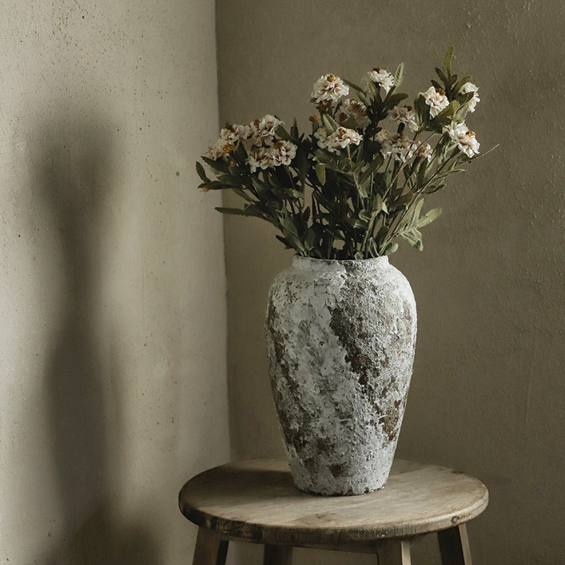 Rustic Farmhouse Terracotta Vase, Wabi-Sabi Retro Ceramic Rough Pot, Country Cottage Dried Flower Vase for Tabletop Shelf Decor