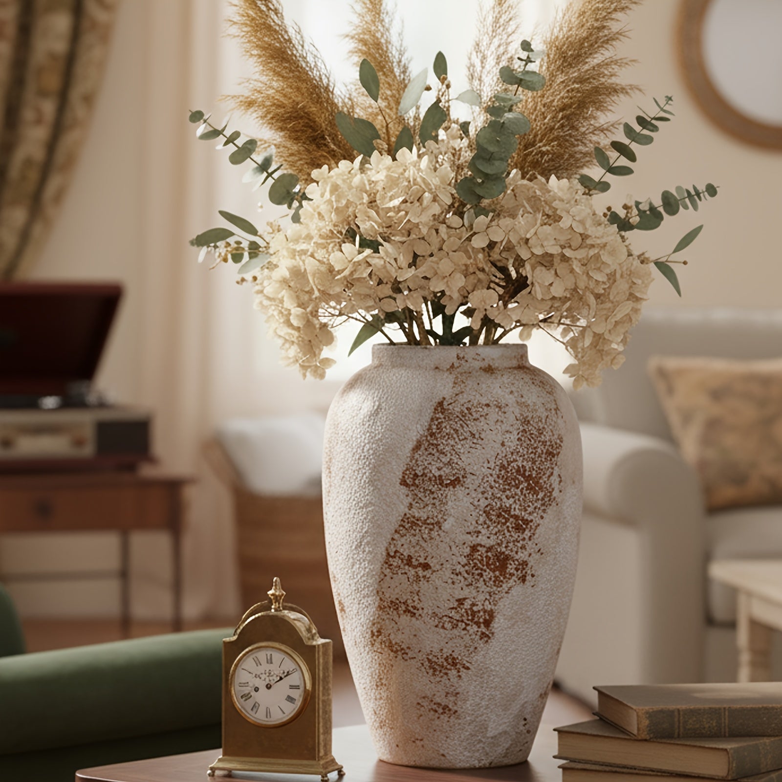 Vintage Ceramic Vase | Minimalist Texture Stone Patterned White Flower Vase, Decorative Vase for Living Room Shelf Farmhouse Dining Table Centerpiece Decor, Cylinder Shape, 11.8''