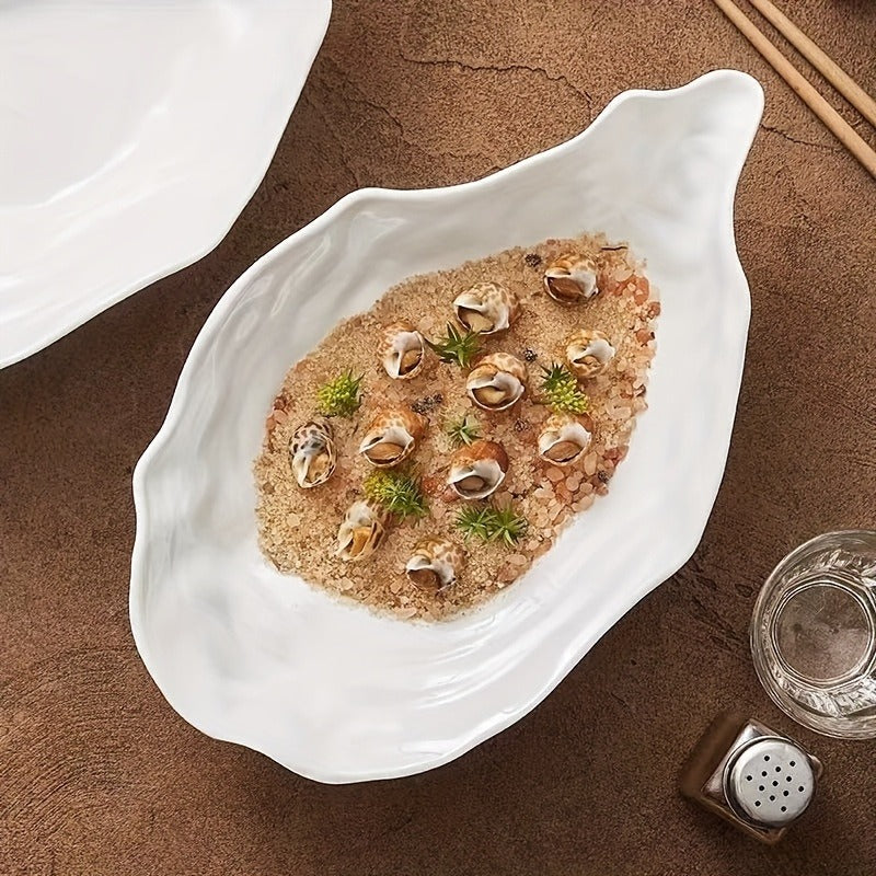 4pcs (4-Pack) 7.5-Inch Oval White Oyster Shell Ceramic Plates - Suitable for Seafood, Snacks, Appetizers, Desserts, Parties, Weddings, Buffets - Elegant Tableware for Dining & Commercial Use, Holiday Gifts for Christmas &
