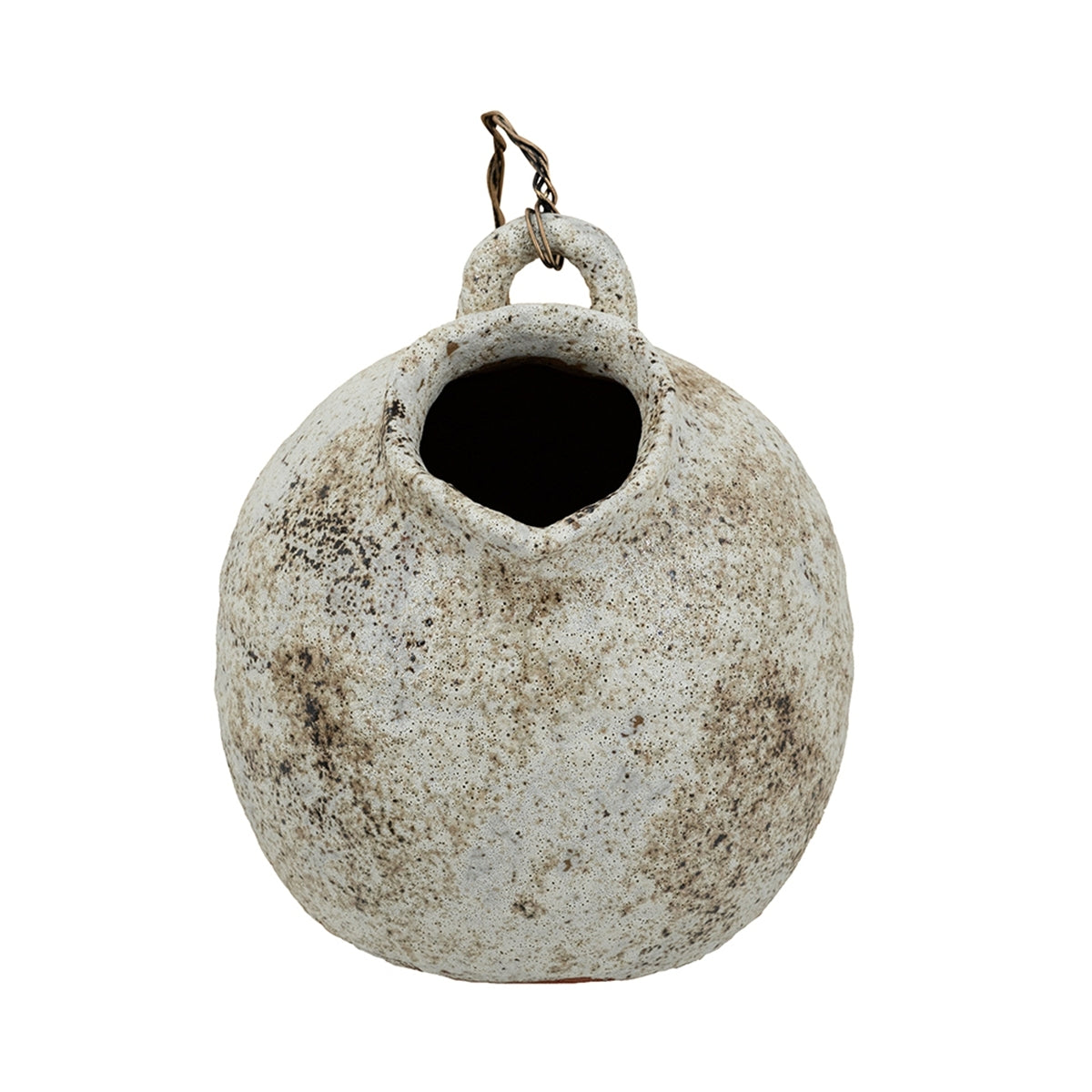 Rustic White Ceramic Vase with Wire Handle - Vintage Farmhouse Round Jug Pottery Suitable for Fake Plants, Flowers, Wabi-Sabi & French Country Decor, Wire-Hooked Holder for Branches, Ceramic for Entryway, Living Room, Bedroom Centerpiece