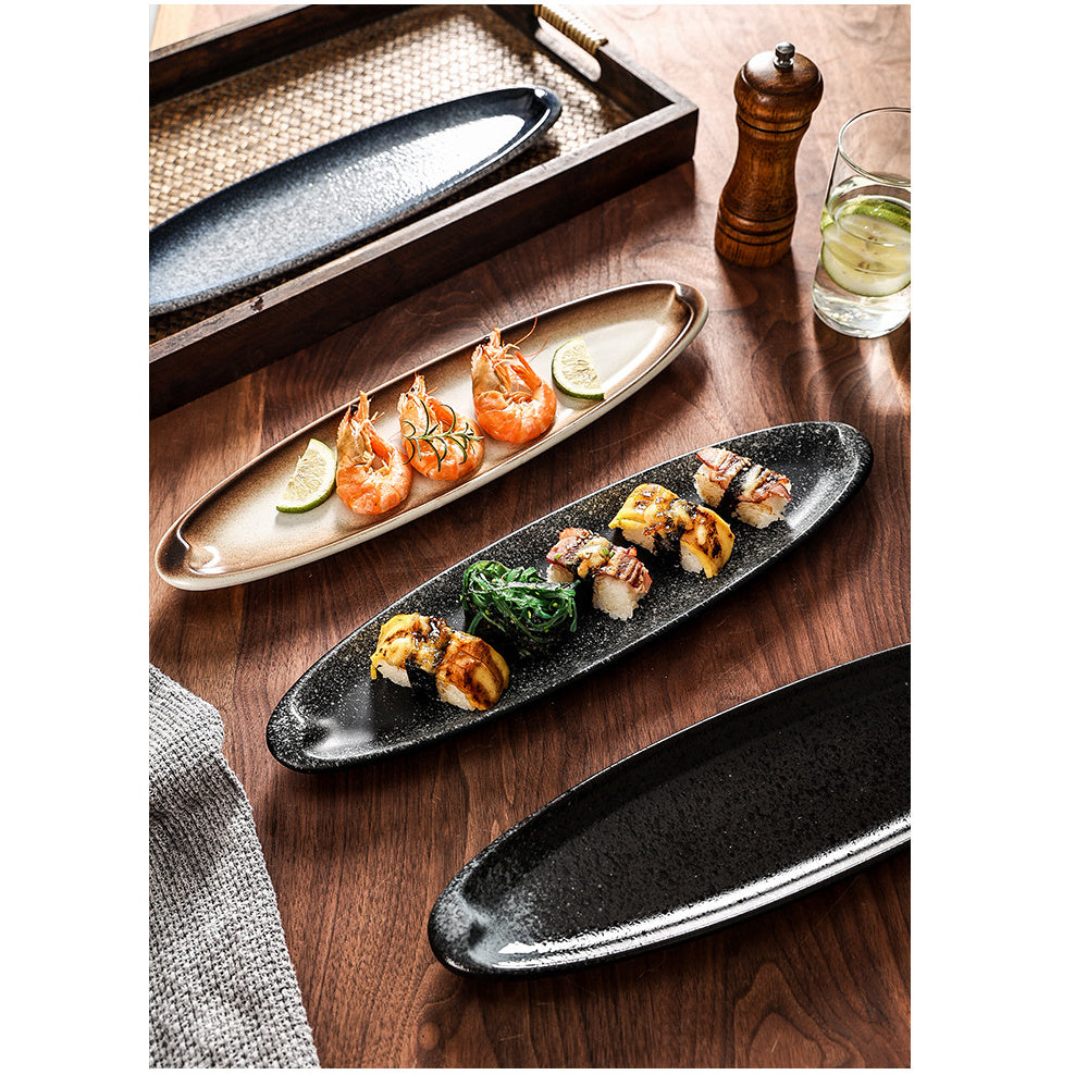 A Creatively Designed Large Oval Plate for Sushi, Sashimi, And Egg Dishes, Perfect for Restaurant Presentations And Wine Business Events