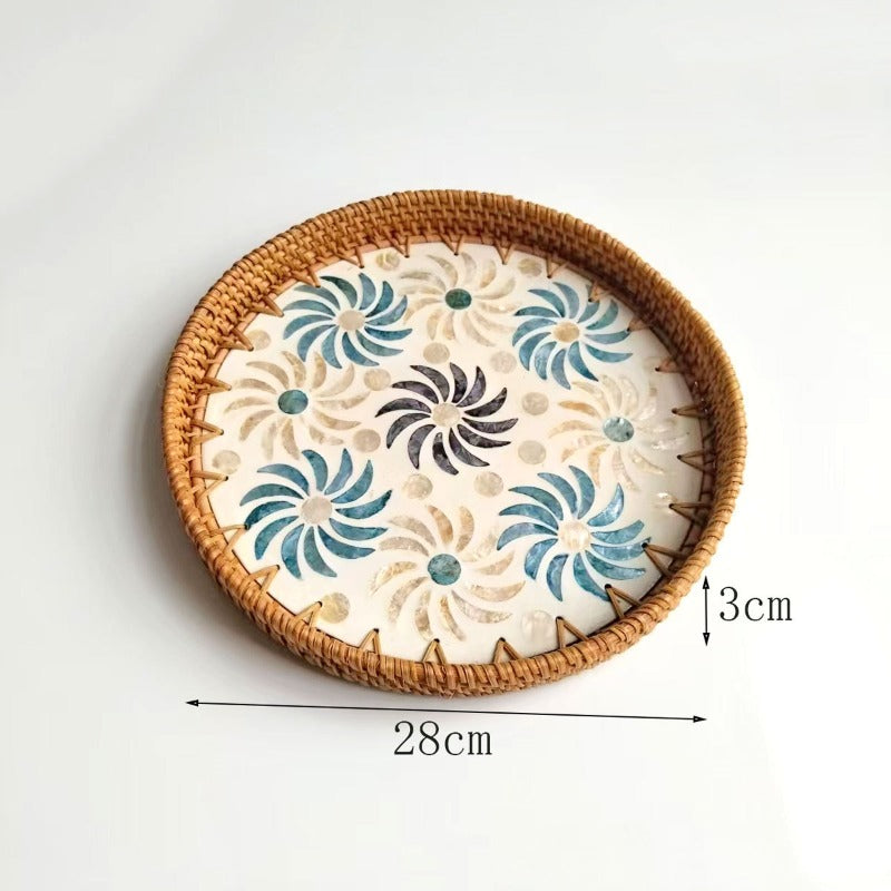 1pc Handcrafted Rattan Seashell Plate | Round Fruit Basket Tray, Fresh Desktop Tray, Vietnamese New Style