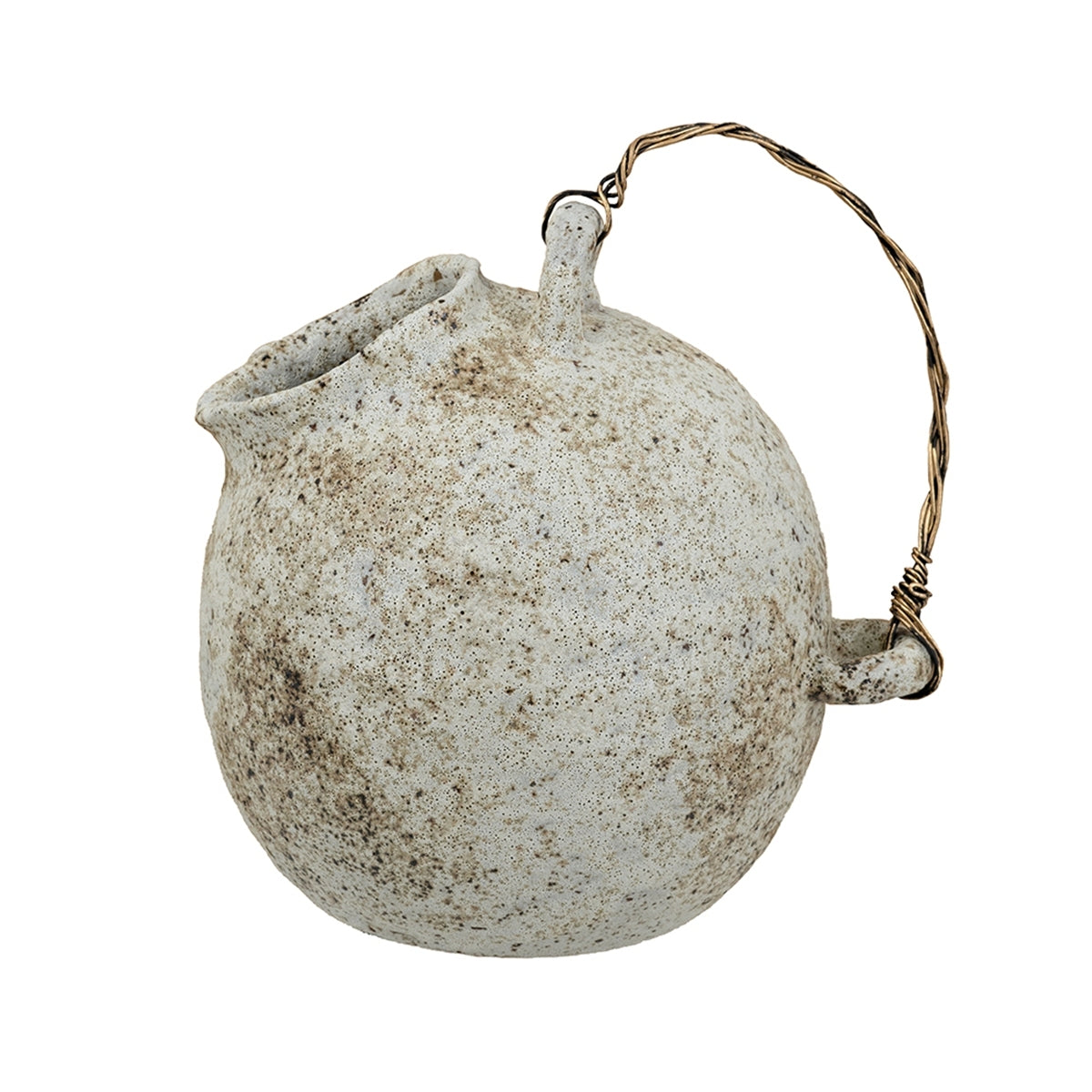 Rustic White Ceramic Vase with Wire Handle - Vintage Farmhouse Round Jug Pottery Suitable for Fake Plants, Flowers, Wabi-Sabi & French Country Decor, Wire-Hooked Holder for Branches, Ceramic for Entryway, Living Room, Bedroom Centerpiece