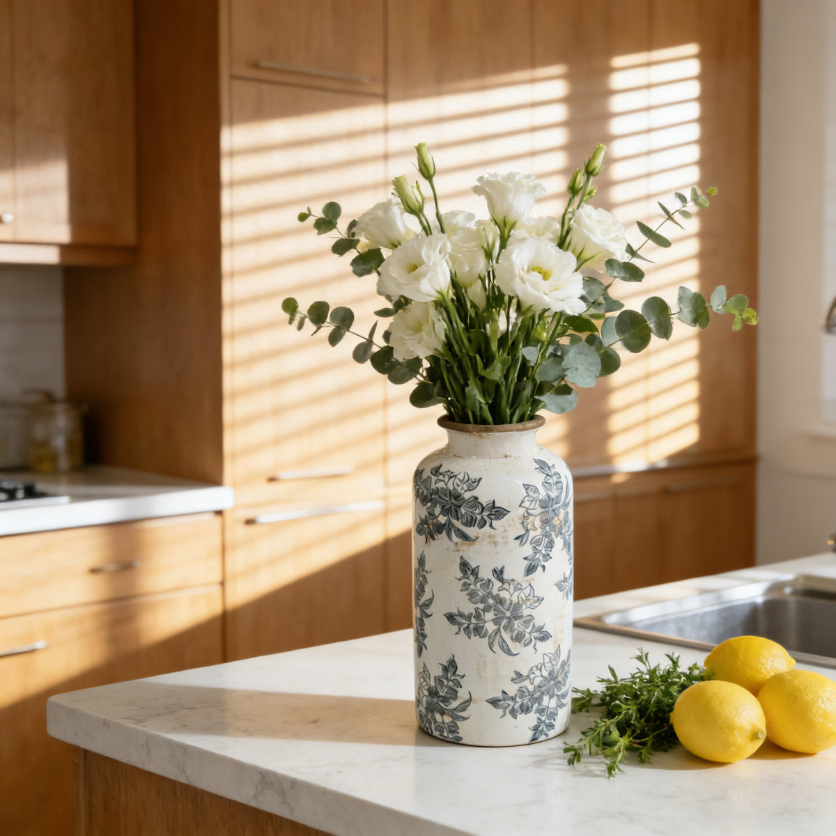 Vintage White Ceramic Vase with Black Floral - Tall Cylindrical Vase Suitable for Decor, Centerpiece for Table, Mantel, Shelf - Ceramic for Modern or Traditional Decoration
